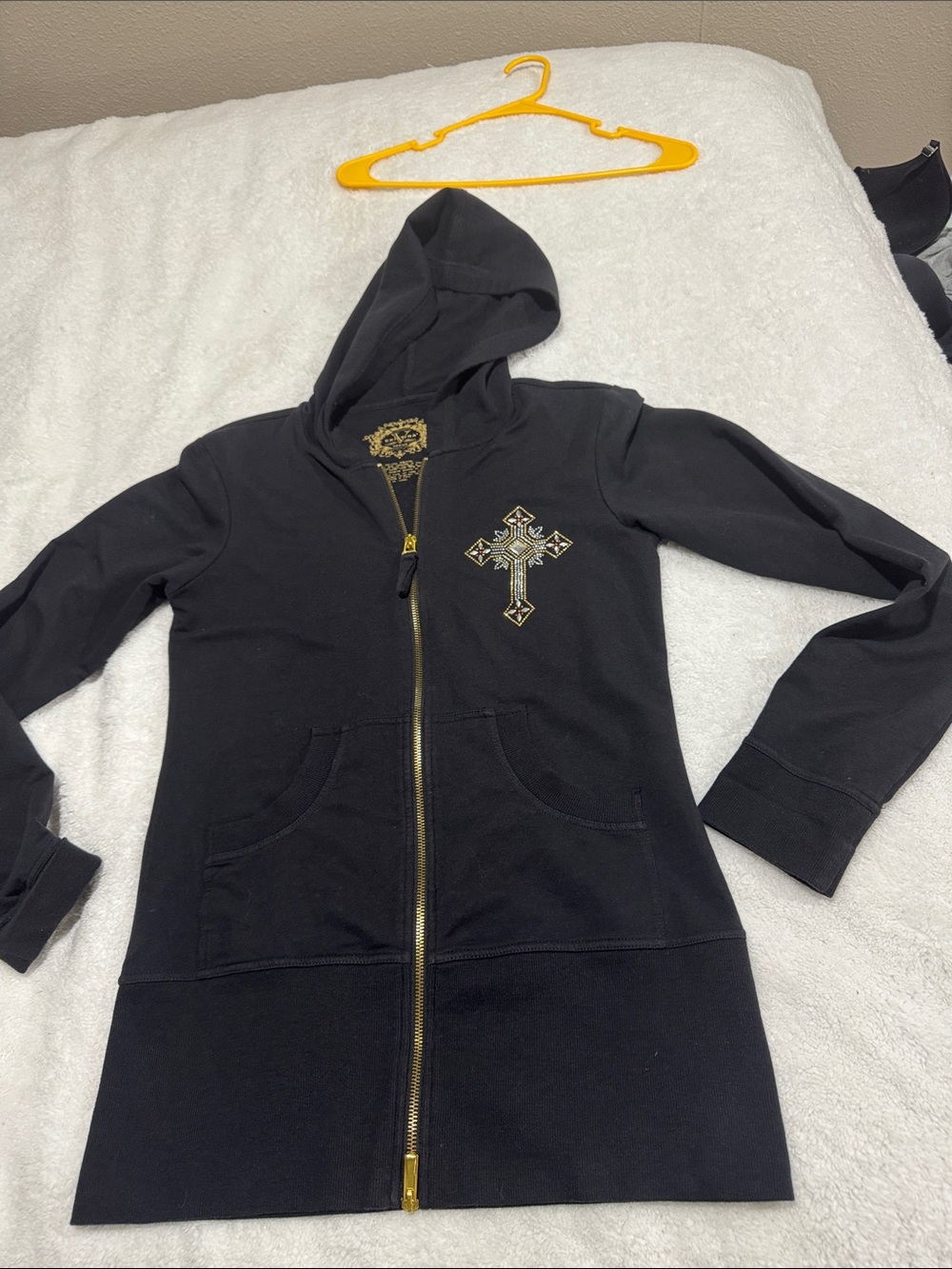 V Cristina Black Hooded Zip-Up Jacket with Embellished Cross